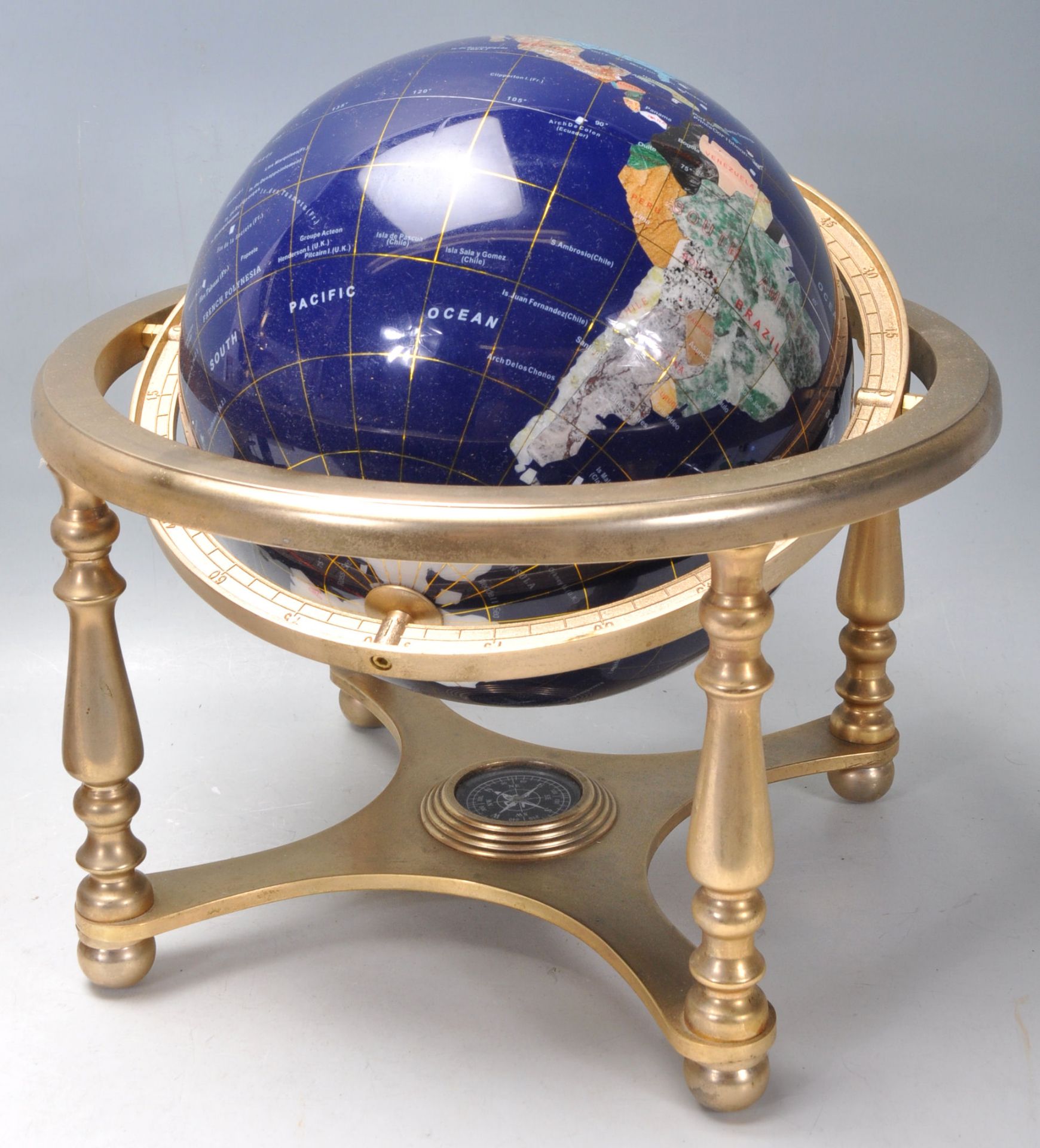 A 20th Century desk top ornamental blue terrestrial globe raised on a brass gimbal stand with - Bild 8 aus 9