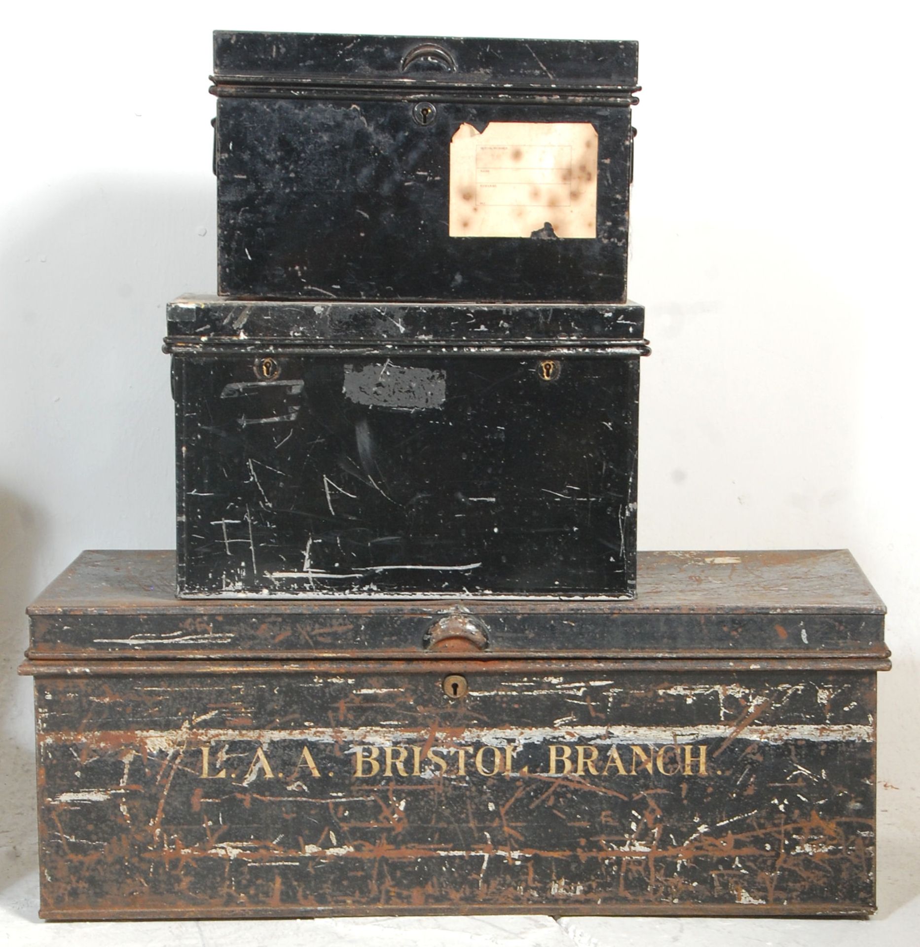A good group of six metal deed storage boxes with being painted black with metal carrying handles - Image 4 of 6