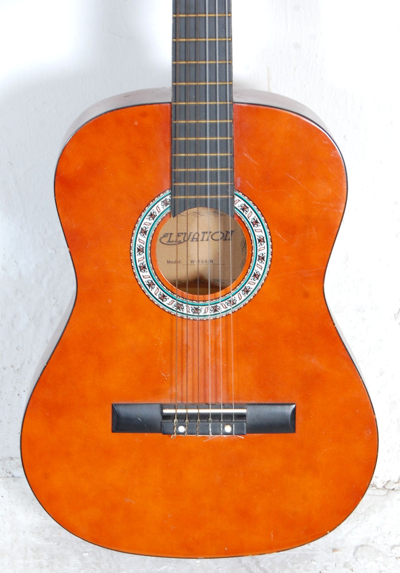 A vintage Elevation made six string acoustic guitar having inlaid geometric pattern decoration - Bild 2 aus 6