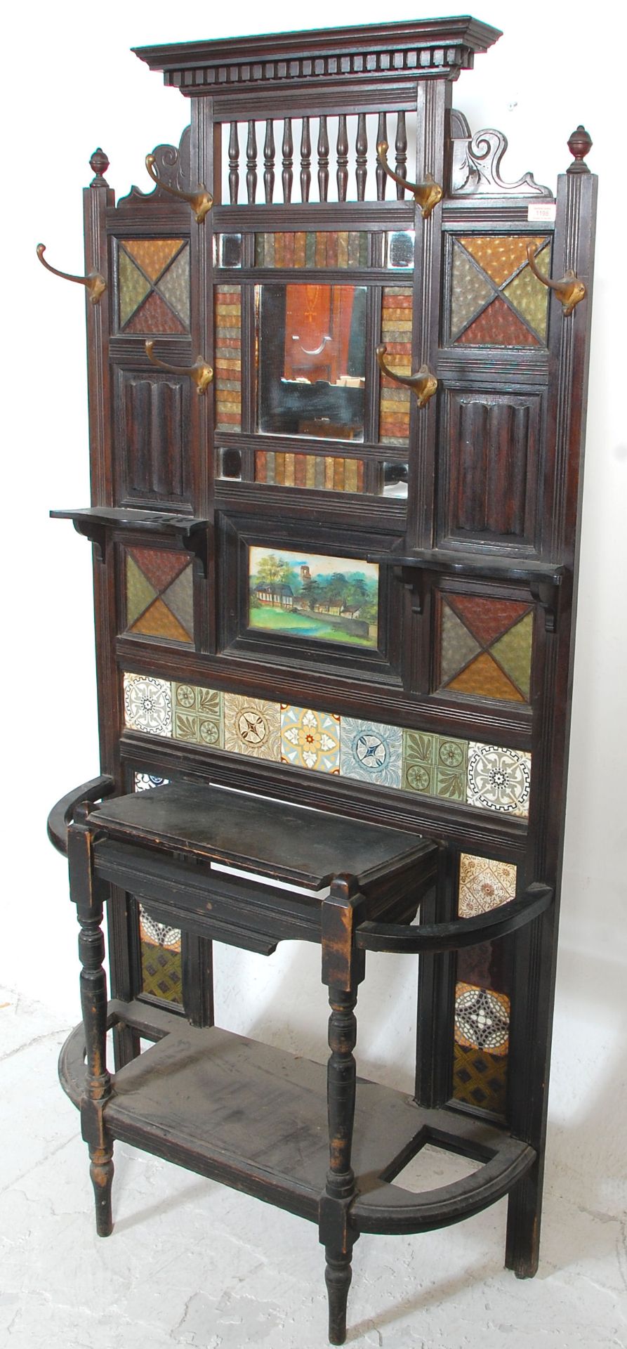 A 19th Century Victorian mahogany framed tiled hall stand with a carved pediment to the top, and a - Bild 9 aus 9