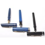 A group of three vintage fountain ink writing pens to include a black cased Platignum pen, a blue
