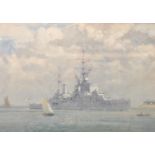 After Norman Wilkinson. An early 20th century framed print of a British naval battleship at sea.