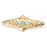 A 9ct gold / 375 marked turquoise bar brooch clip. The brooch with filigree pierced setting having