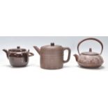 A collection of 3 Chinese Yixing teapots to include brown terracotta glazed example with geometric