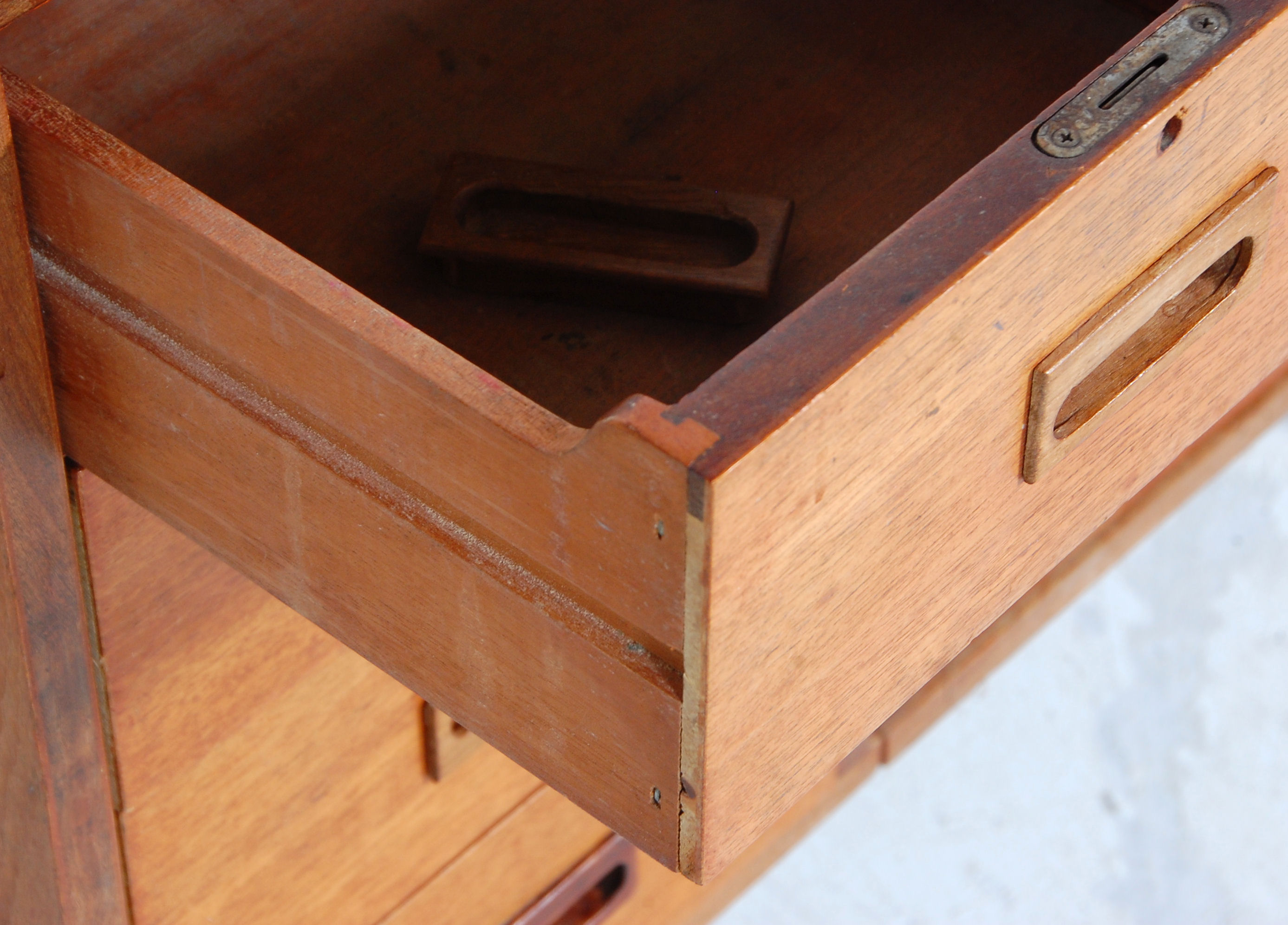 A mid century retro, circa 1970's teak wood sewing table cabinet – desk combination having fold - Image 4 of 6