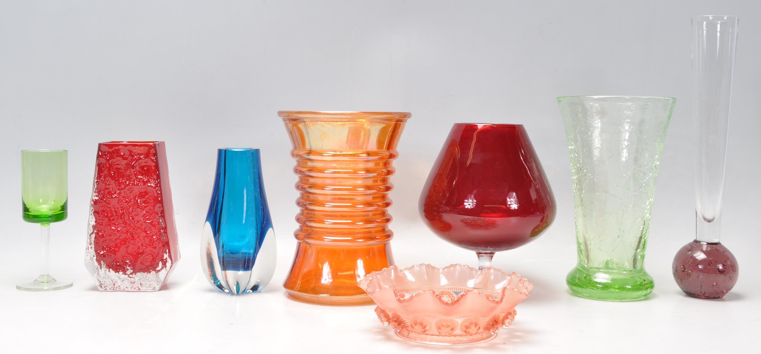 A collection of vintage studio art glass to include a red Whitefriars bark effect vase, Art Deco