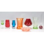 A collection of vintage studio art glass to include a red Whitefriars bark effect vase, Art Deco