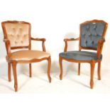 A matched pair of 20th century French fauteuil armchairs in beechwood with show wood frames being