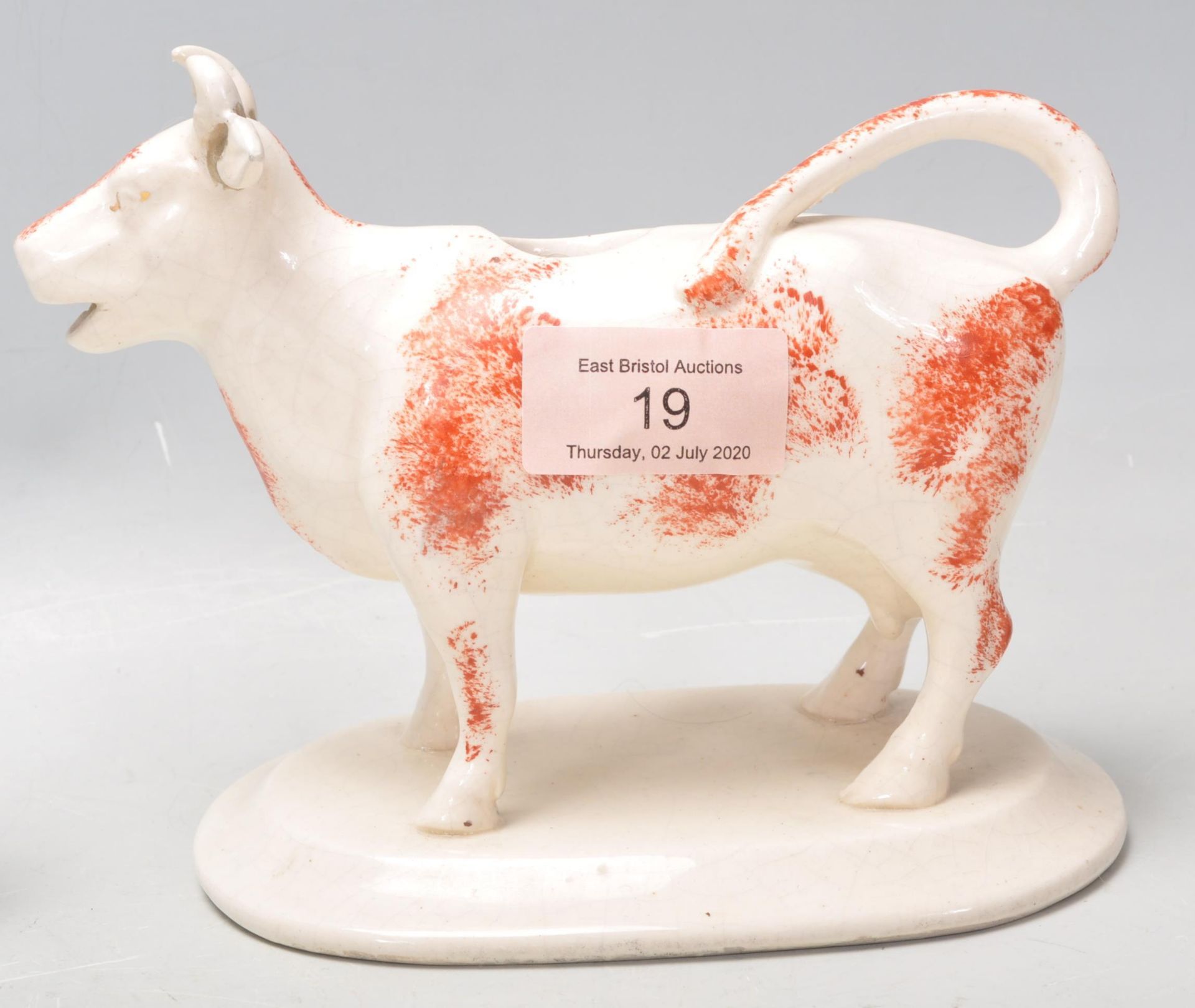 A 19th Century Victorian Staffordshire pottery sponge decorated creamer jug in the form of a cow, - Bild 7 aus 8