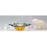 A vintage retro Czechoslovakian Bohemian glass yellow and blue free form bowl together with a