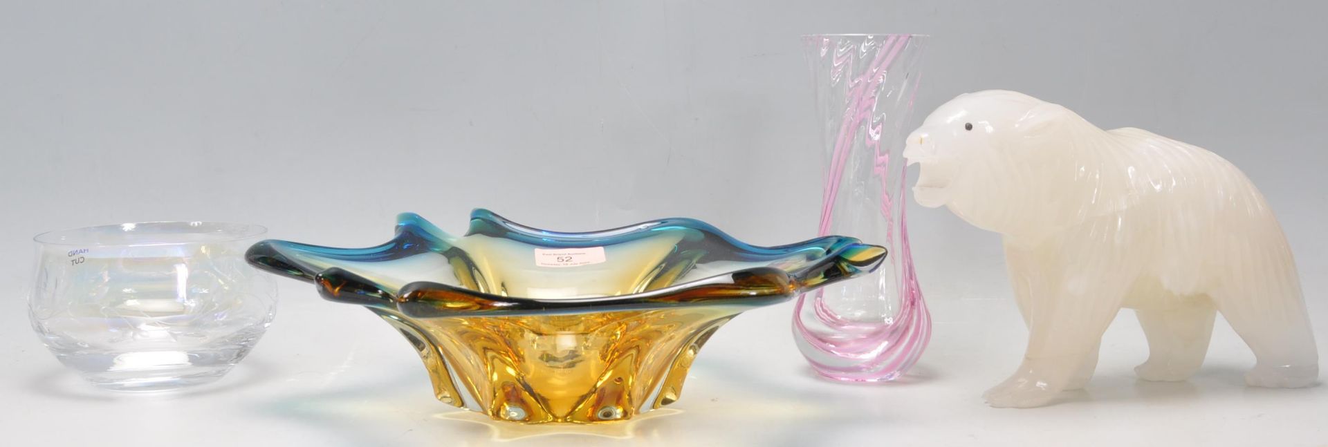 A vintage retro Czechoslovakian Bohemian glass yellow and blue free form bowl together with a