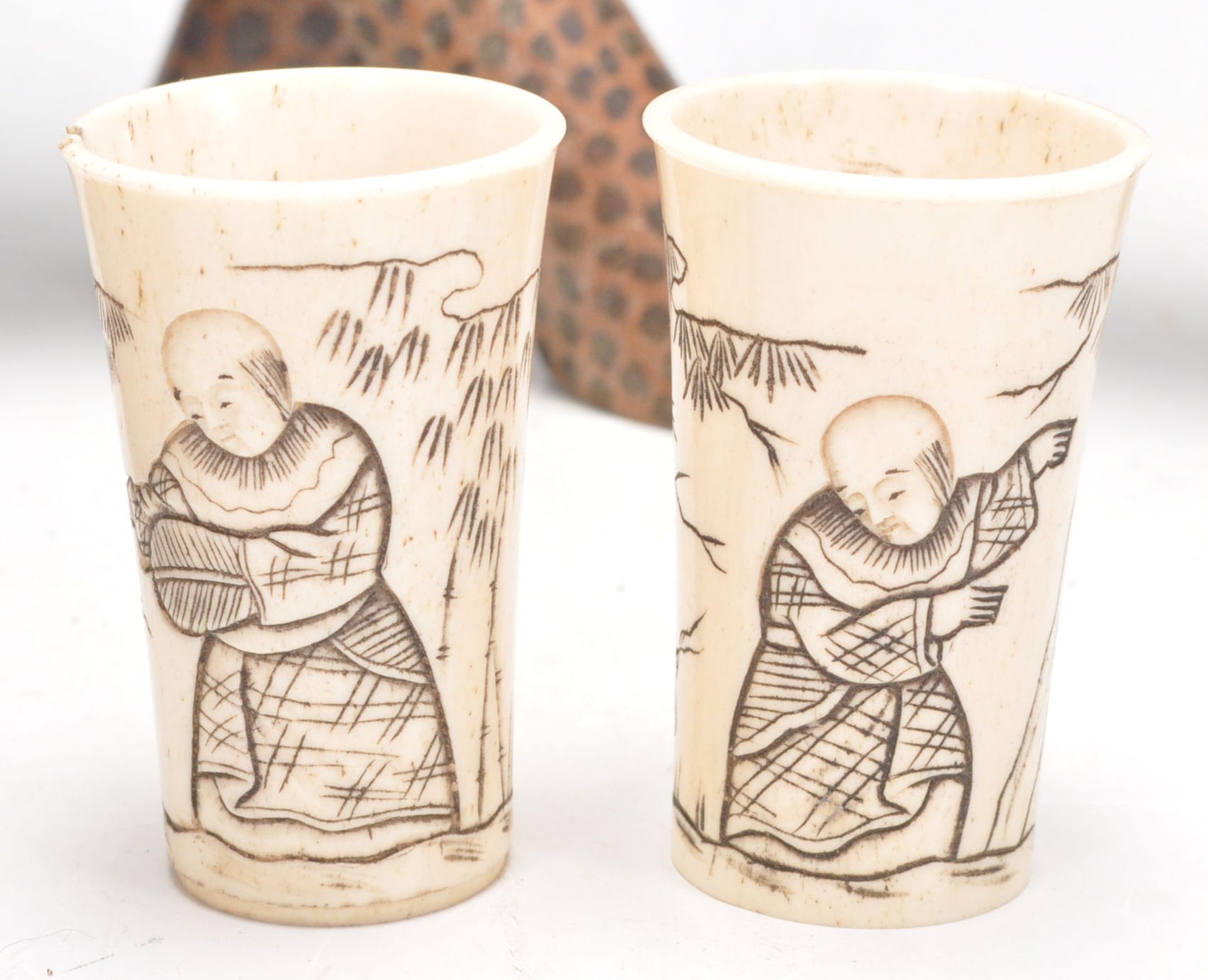 A pair of 19th century Chinese ivory dice cups with scenes of people, a carved wooden Chinese - Image 9 of 13