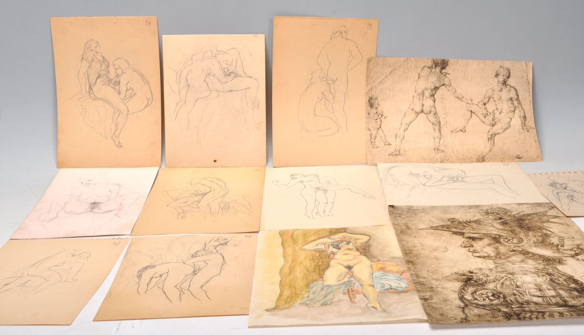 A group of erotic sketch drawings scenes with dioramas of erotic / sexual scenes. Some prints and