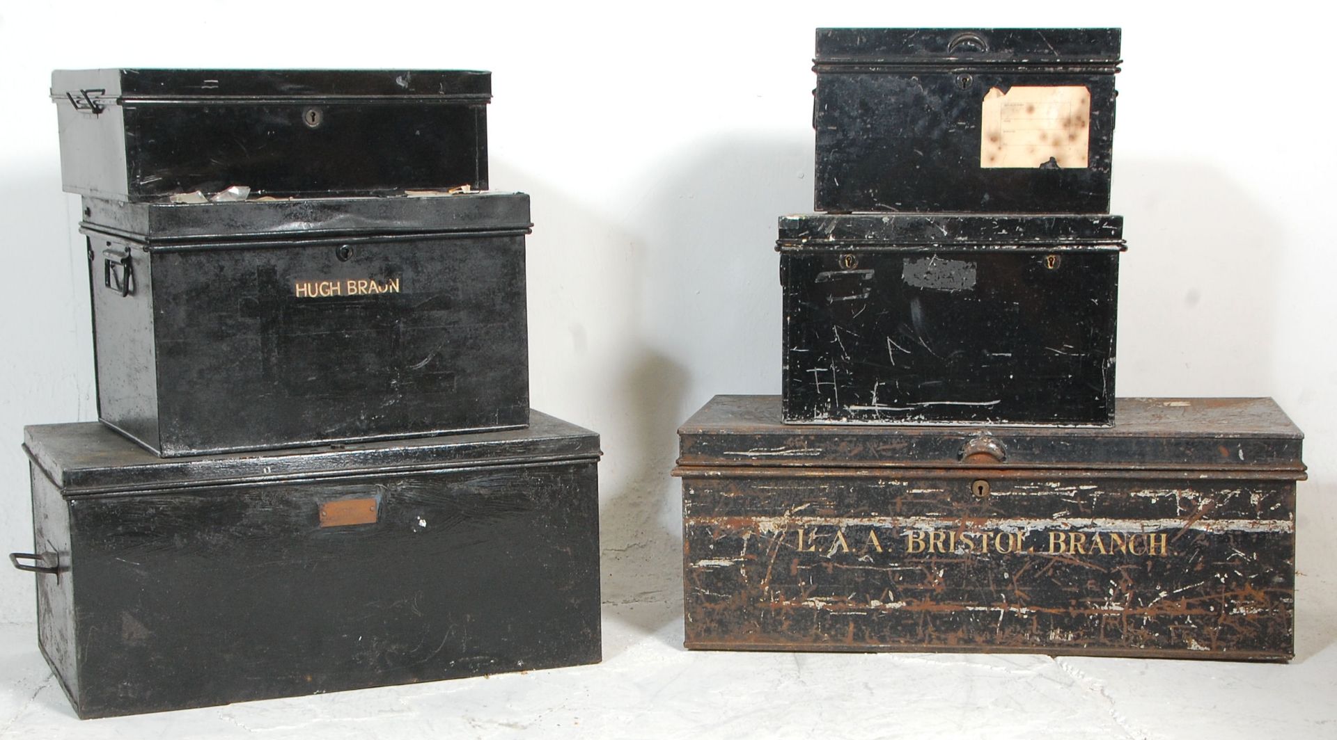 A good group of six metal deed storage boxes with being painted black with metal carrying handles - Image 2 of 6