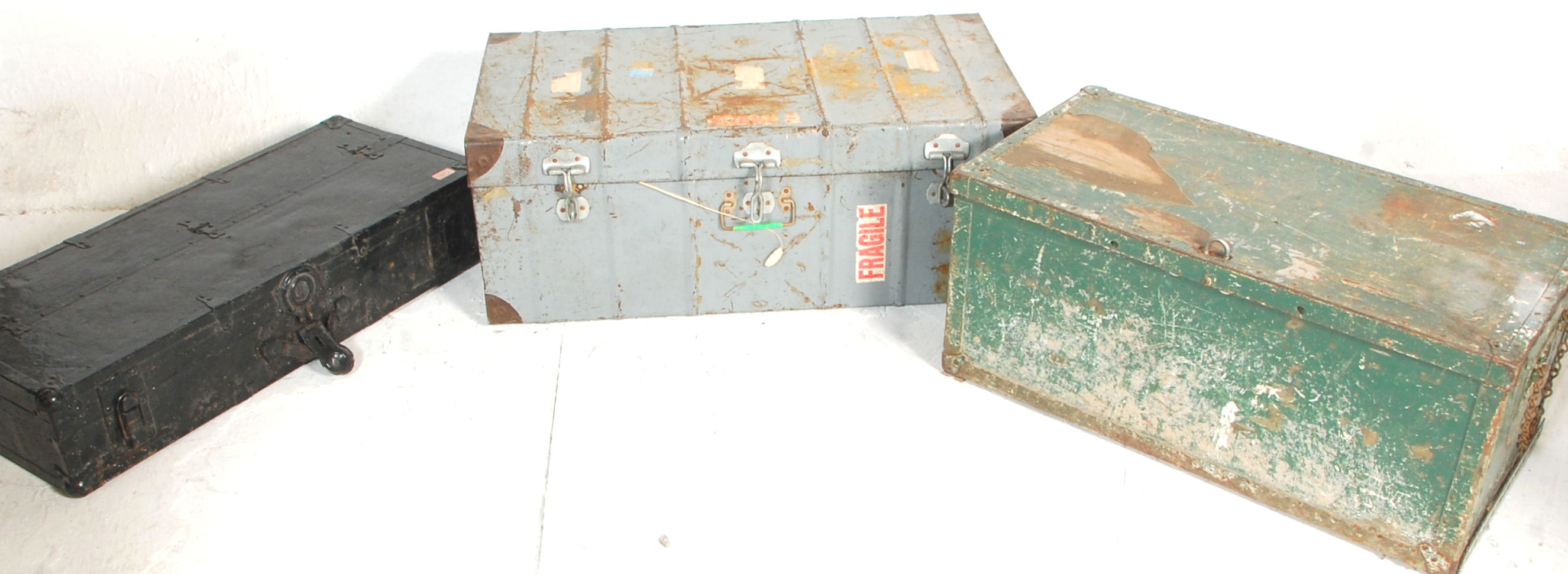 A good group of three low rectangle storage boxes with two metal bound examples and one metal