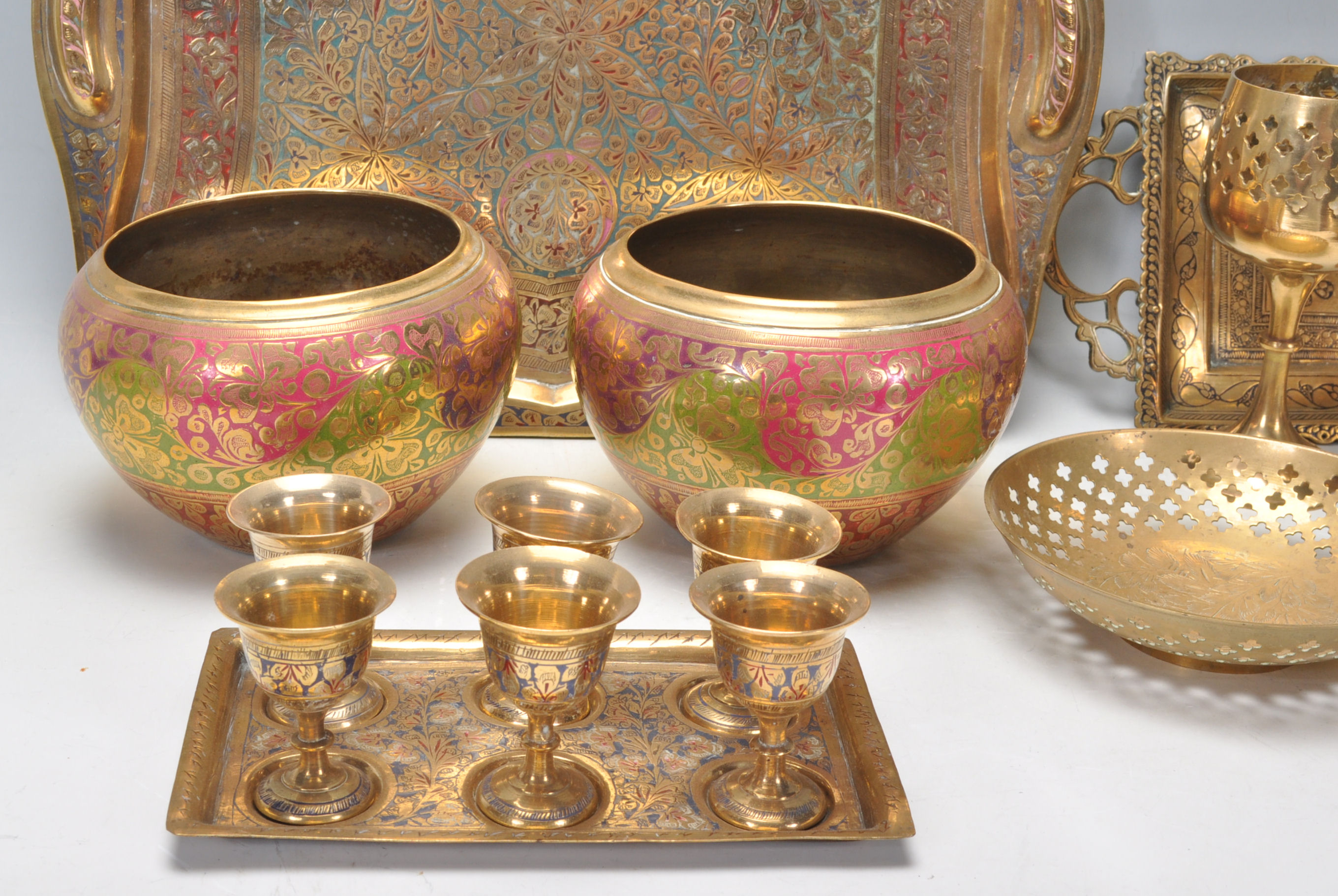 A mixed group of contemporary Eastern brass wares to include a heavy pair of bowls with painted - Image 3 of 6