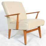 A good retro 20th Century teak framed armchair / chair having a white leather covered backrest and