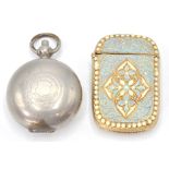 A gilded white metal and enamel 20th century match vesta. The champleve turquoise and enamel