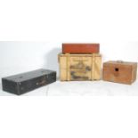 A group of four wooden storage boxes to include a pine square example with a hinged cover, one oak