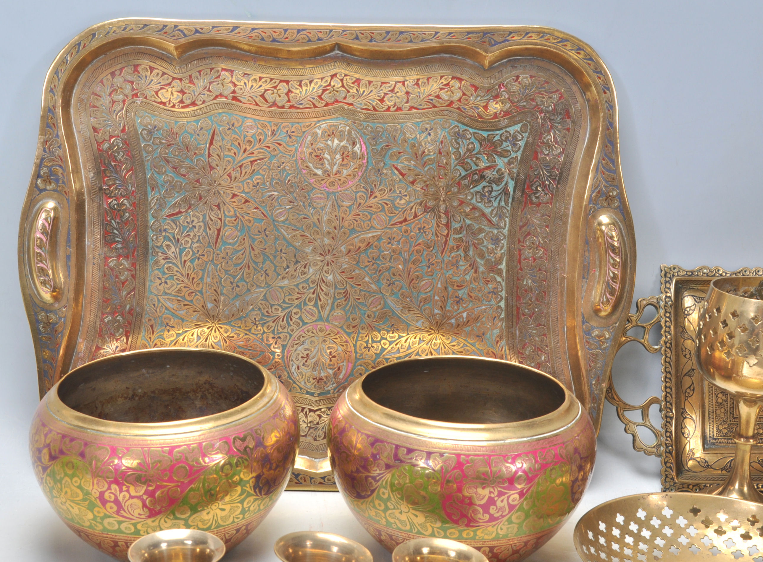 A mixed group of contemporary Eastern brass wares to include a heavy pair of bowls with painted - Image 2 of 6