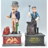 Two 20th Century vintage style cast iron money banks in the form of Uncle Sam and John Deere. Both