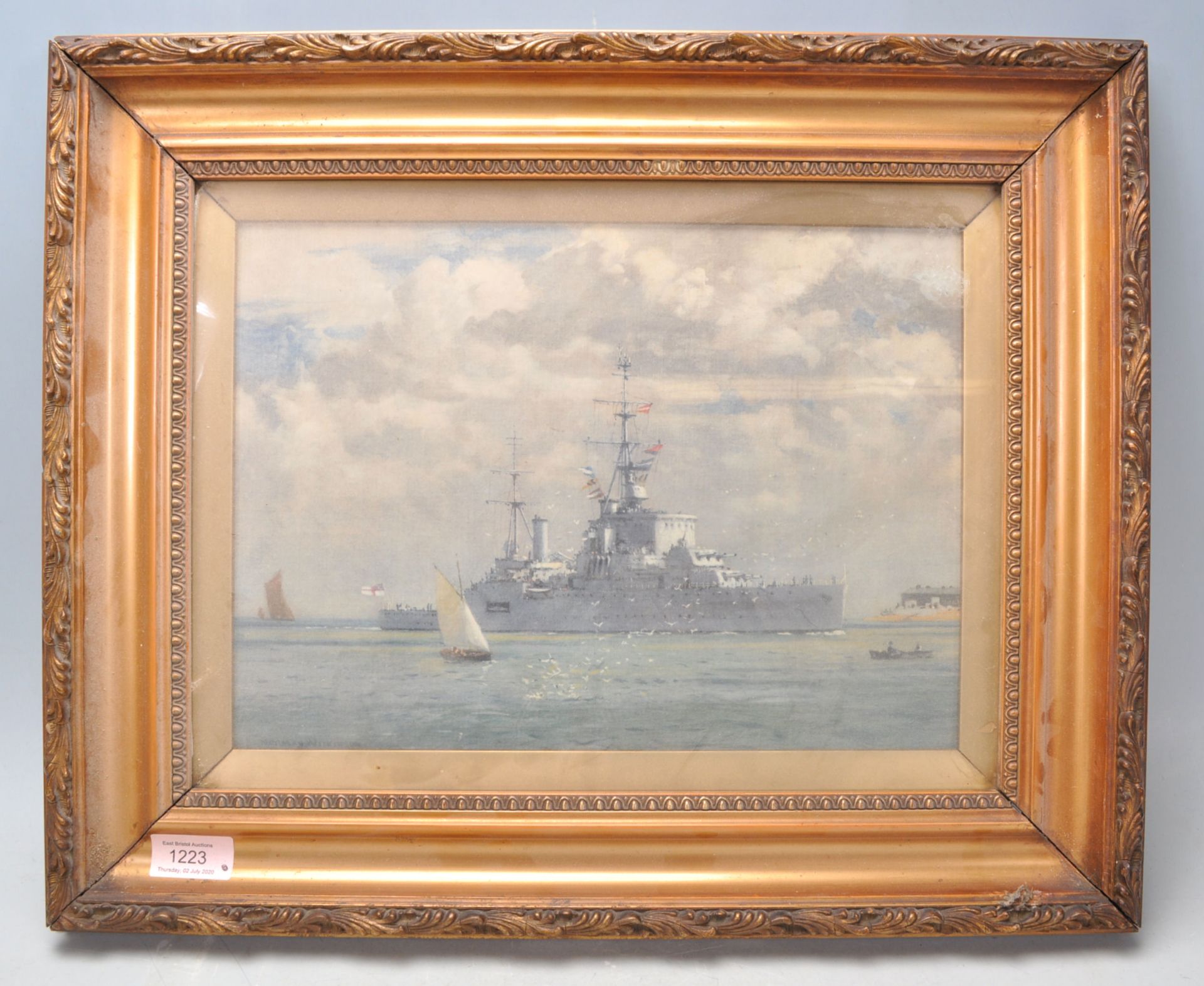 After Norman Wilkinson. An early 20th century framed print of a British naval battleship at sea. - Bild 2 aus 7