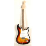 A good Fender Stratocaster style six string electric guitar having three control knobs with a