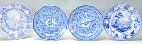 A set of four antique 19th Century Pearlware blue and white plates including a Wedgewood example
