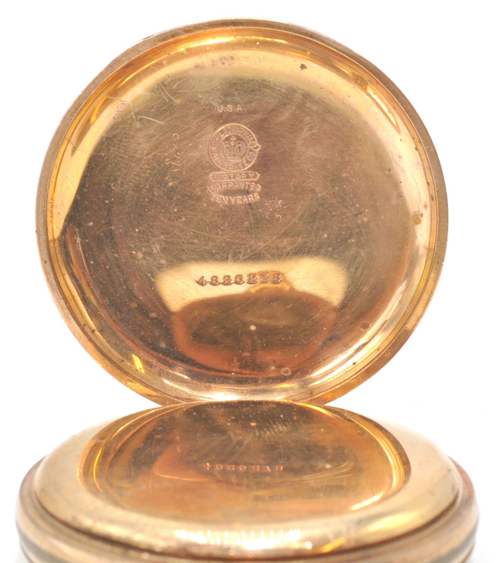 An early 20th century American crown wind gold plated pocket watch. The dial with roman numeral - Bild 6 aus 8