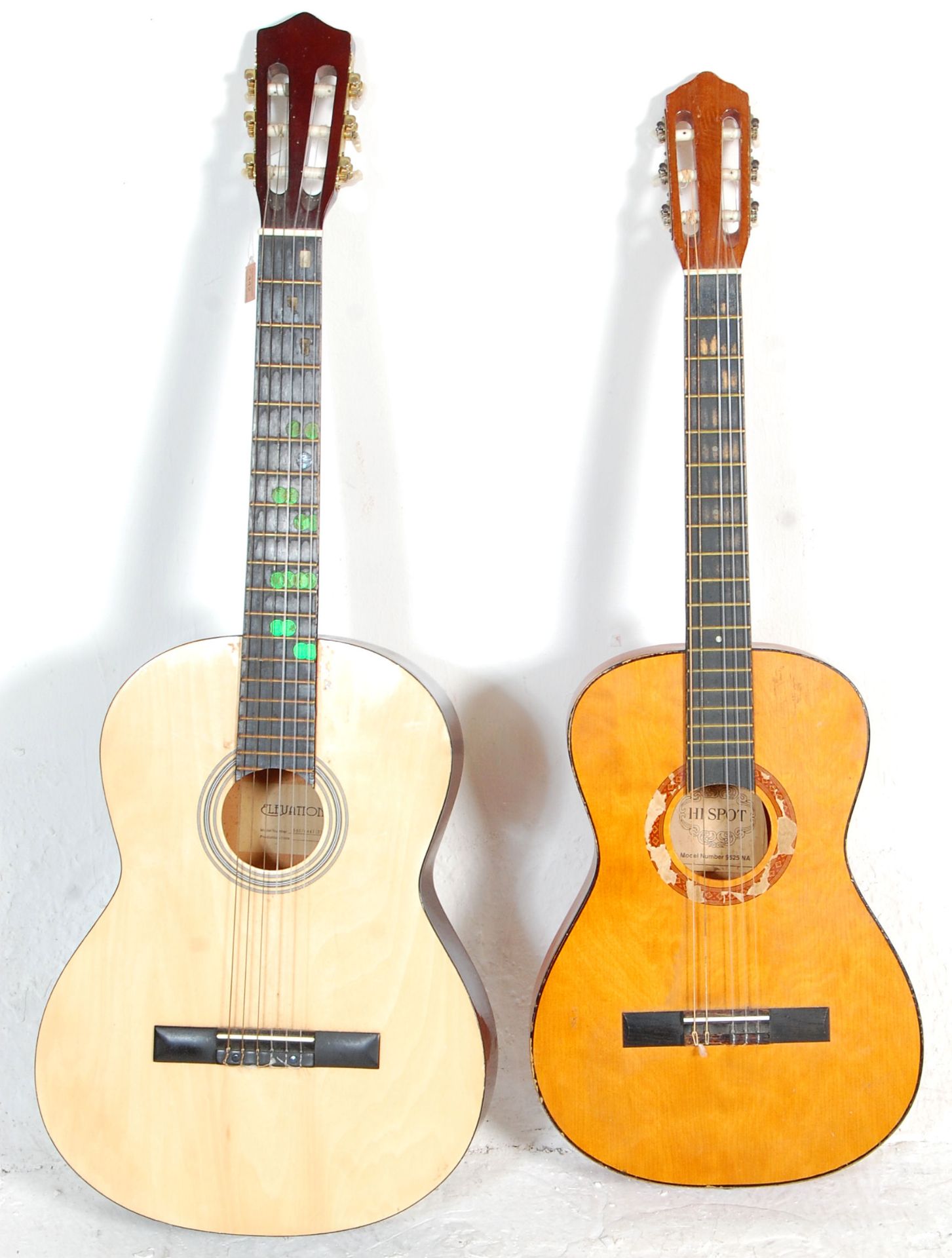 Two vintage six string acoustic guitars. One being a Hispot model 9625 NA and the other a