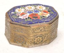 An Antique Italian micro mosaic brass pill box with mosaic floral decoration to the cover and