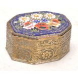 An Antique Italian micro mosaic brass pill box with mosaic floral decoration to the cover and