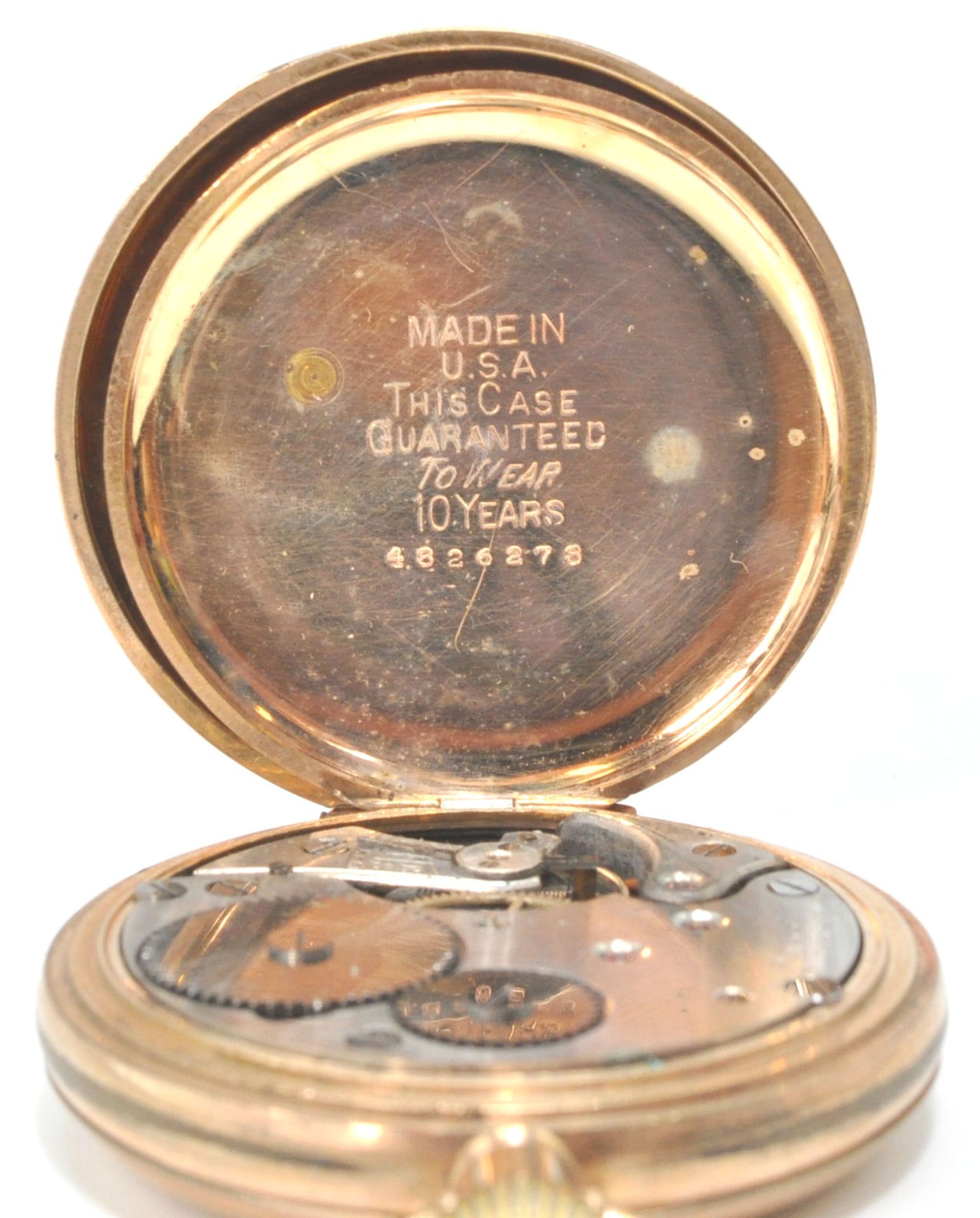 An early 20th century American crown wind gold plated pocket watch. The dial with roman numeral - Bild 7 aus 8