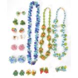A collection of  Pate-De-Verre mid century jewellery to include necklace chains and earrings /