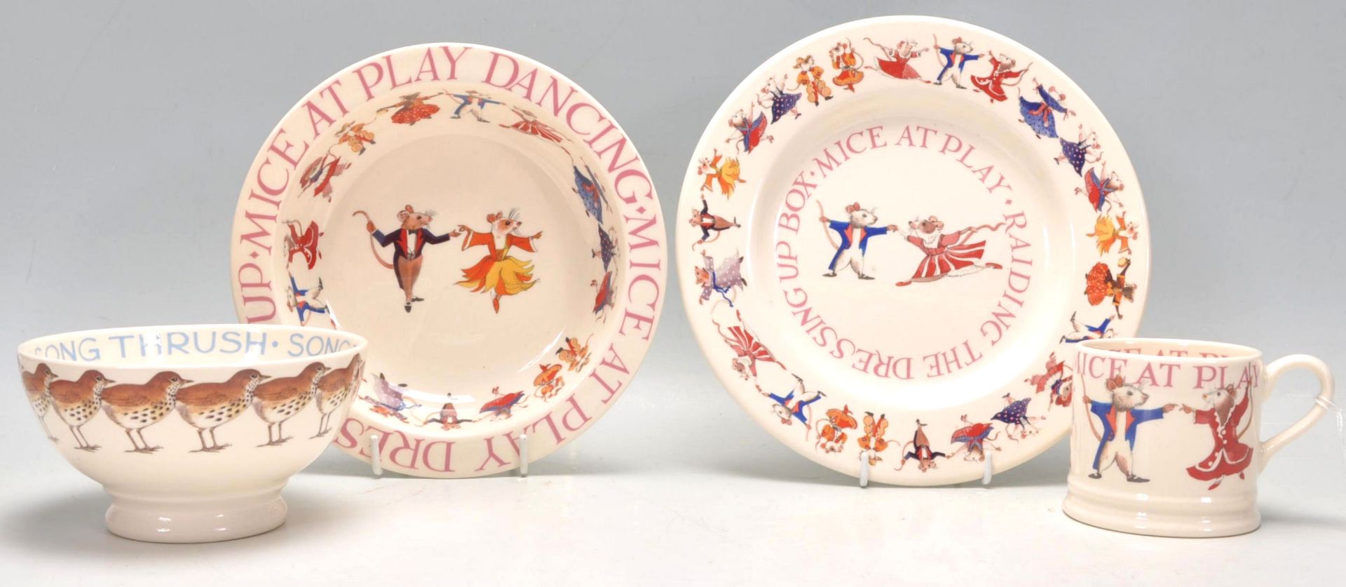 Three Emma Bridgewater table wares in the Dancing Mice to include a small plate, bowl and mug.