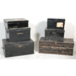 A good group of six metal deed storage boxes with being painted black with metal carrying handles