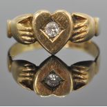 A Victorian 19th century 15ct / 625 hallmarked gold and diamond Irish claddagh ring. The ring with