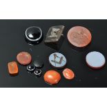 A group of antique intaglios fob stones / seals to include Carnelian example, coral, bulls eye