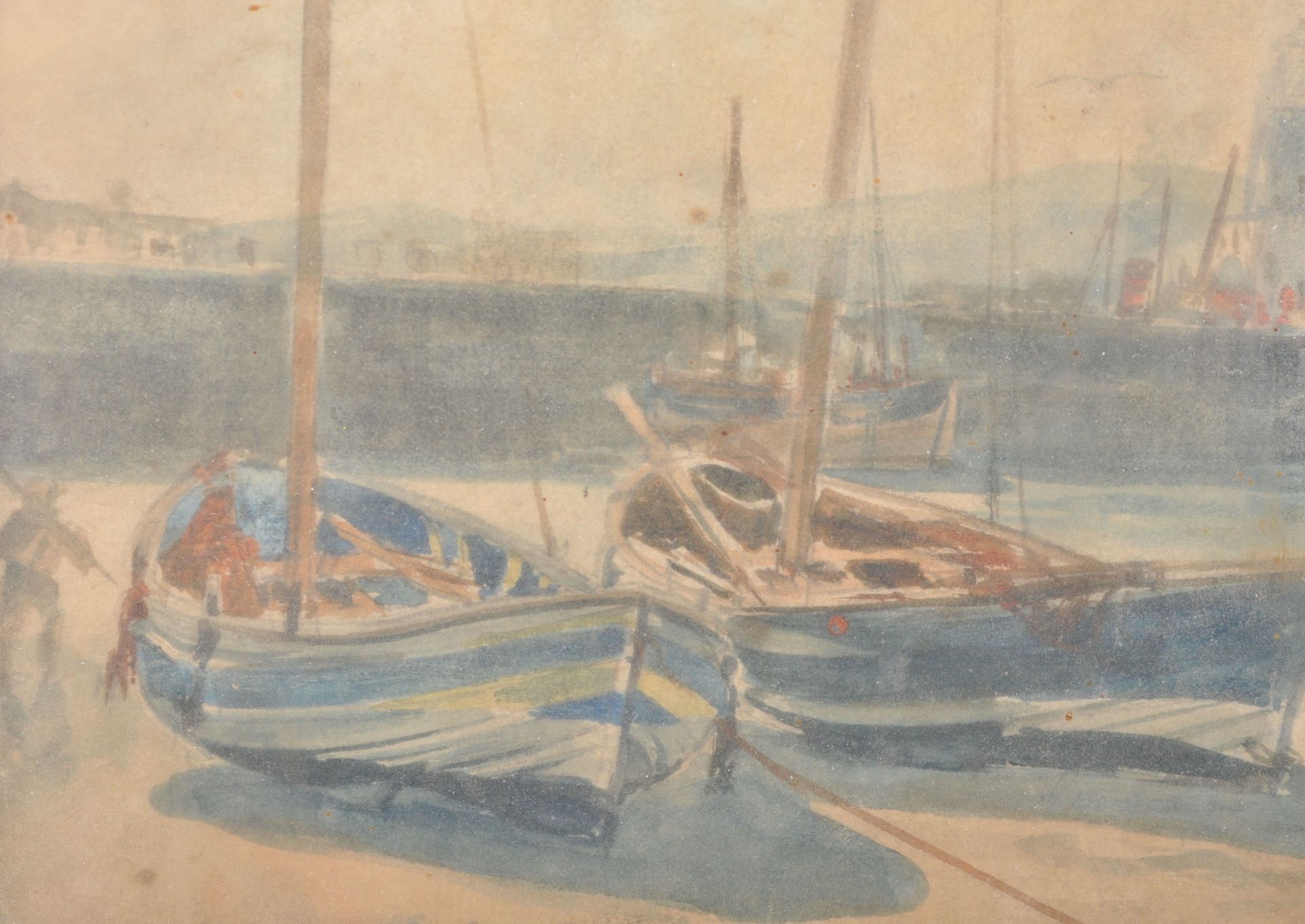 Two early 20th Century framed and glazed signed watercolour paintings. One depicting boats at a - Bild 6 aus 7