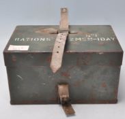 A WWII Second World War British military green painted rations box with leather strap. Measures 12.5