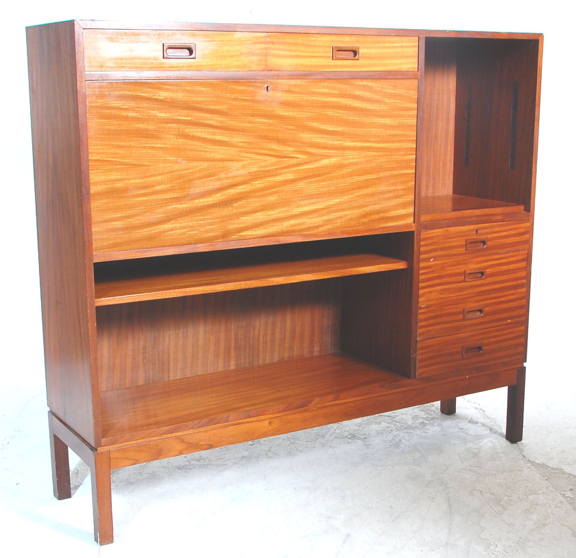 A brilliant mid 20th Century retro teak wood bureau desk / bookcase having two drawers above a