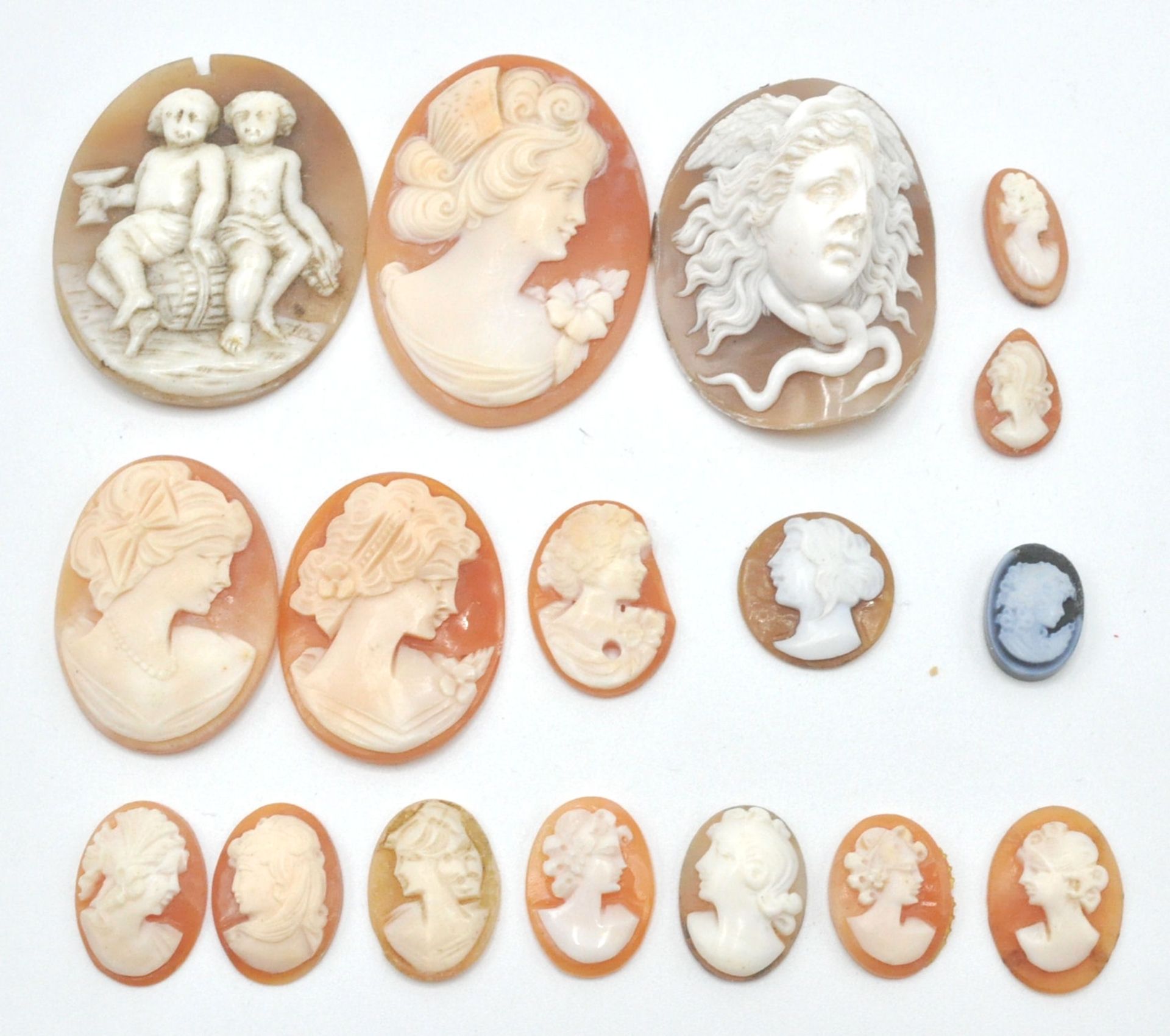 A collection of carved shell cameos dating from the 19th and 20th century. To include female