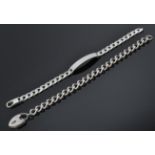 A silver diamond belcher linked bracelet chain with name bar and lobster clasp together with another