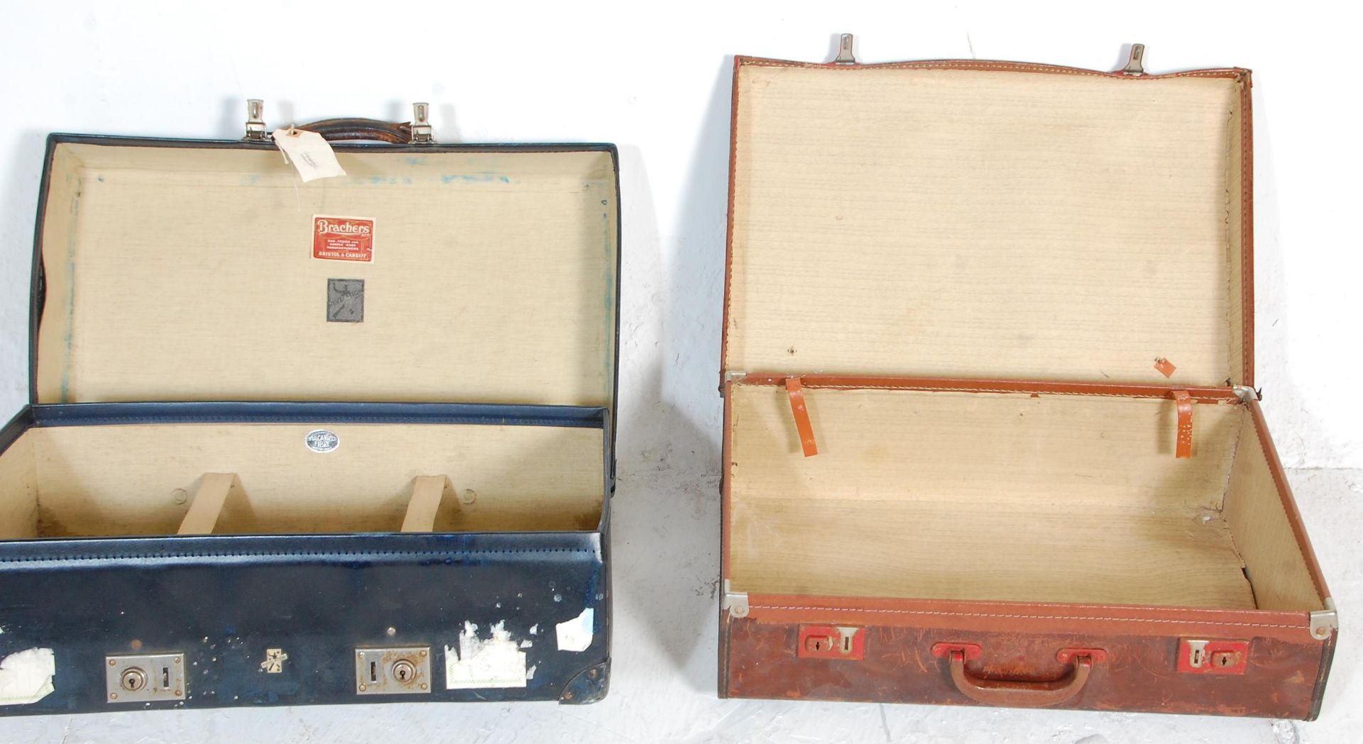 Two vintage retro mid 20th Century leather cased travelling suitcases / trunks to include a faux - Image 5 of 7