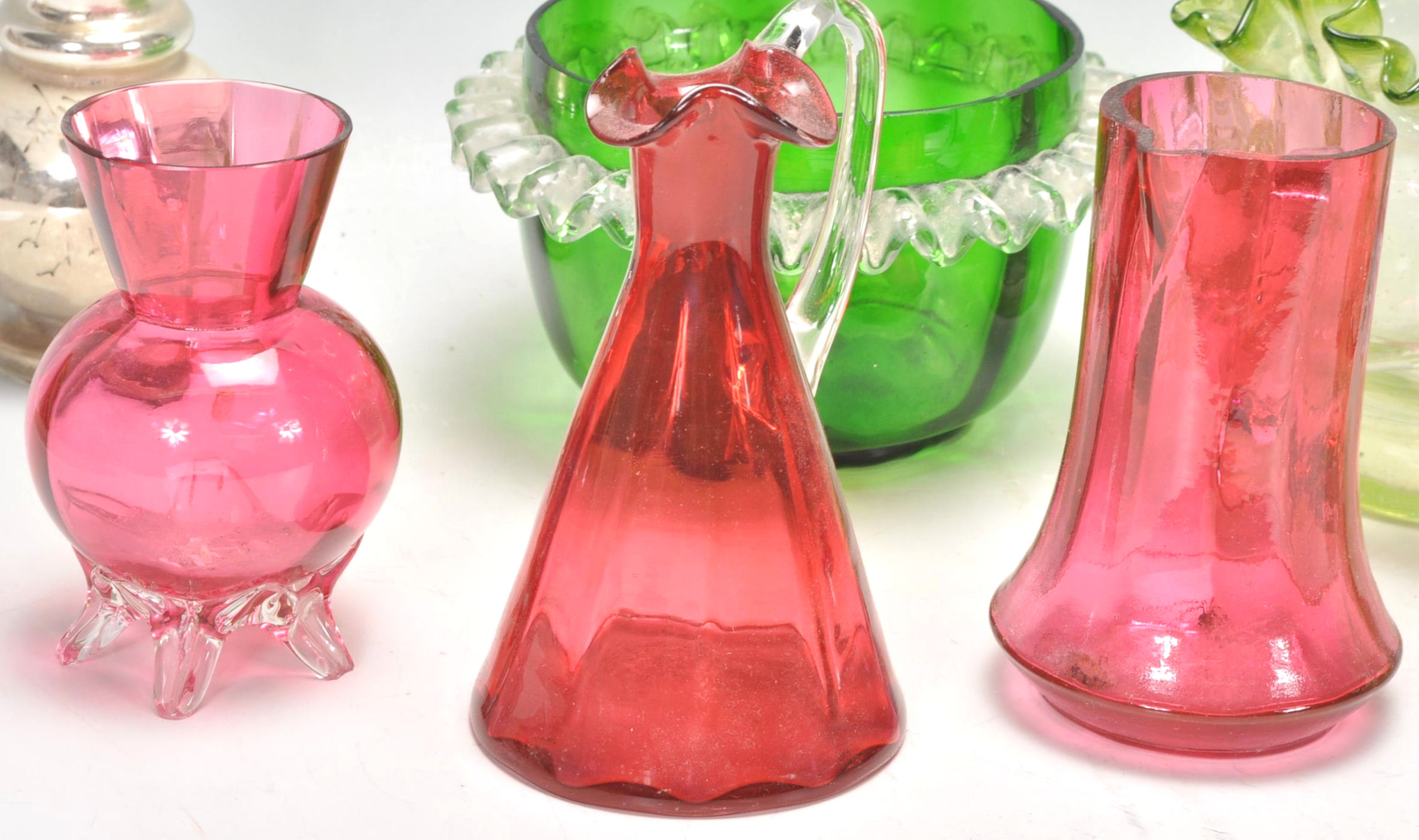 A group of 19th Century Victorian coloured glass vases to include a yellow and white vase with - Image 2 of 7