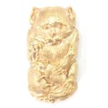 A gold plated vesta case in the form a cat pouncing on a rat with a hinged lid. Measures 8cm in