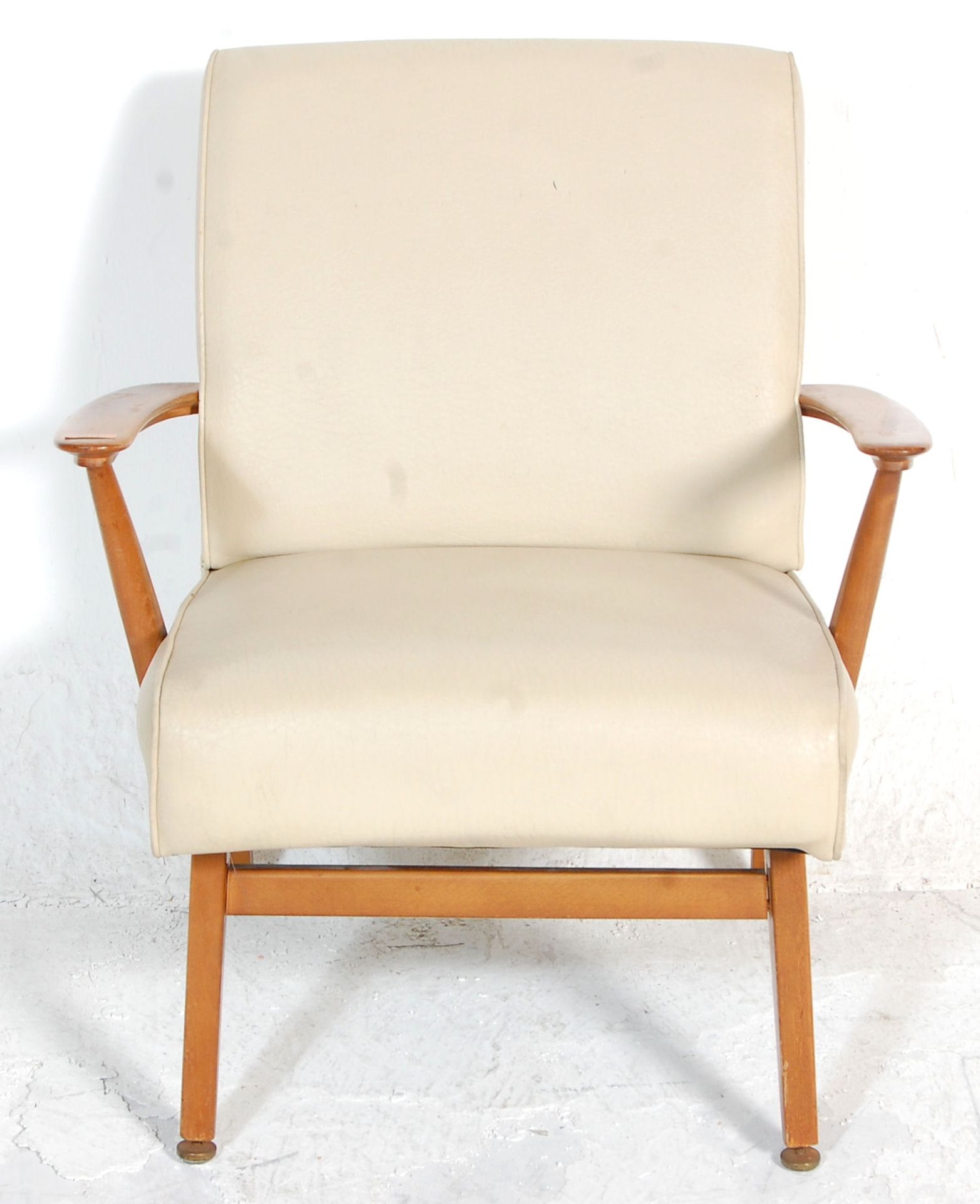 A good retro 20th Century teak framed armchair / chair having a white leather covered backrest and - Image 3 of 4