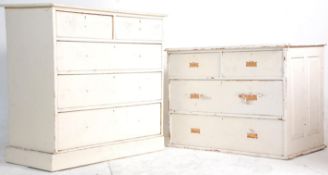 A pair of Victorian 19th century shabby chic painted 2 over 3 chest of drawers. One raised on a