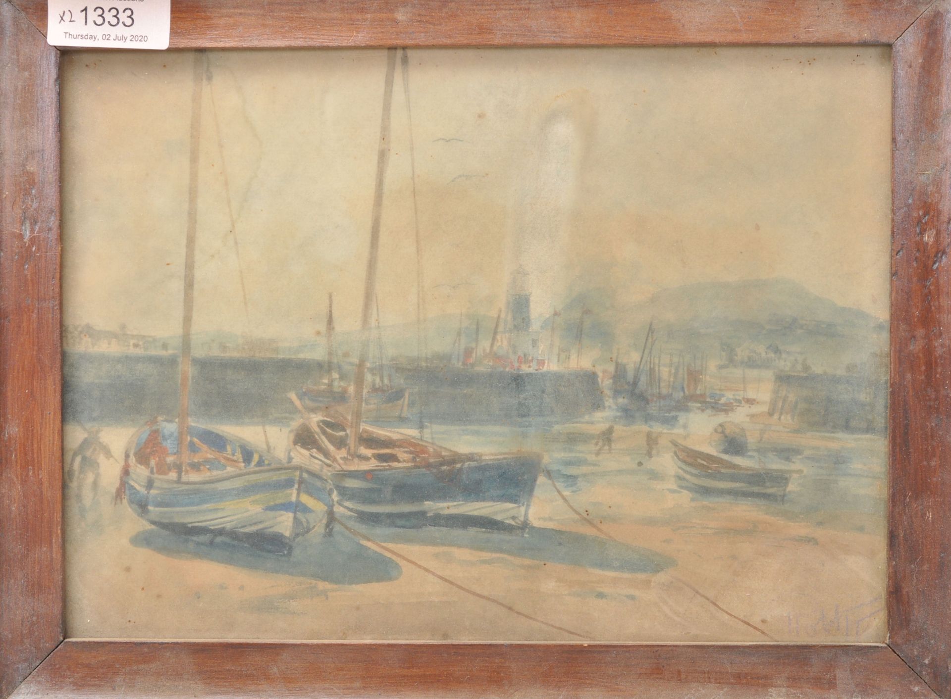 Two early 20th Century framed and glazed signed watercolour paintings. One depicting boats at a - Bild 5 aus 7