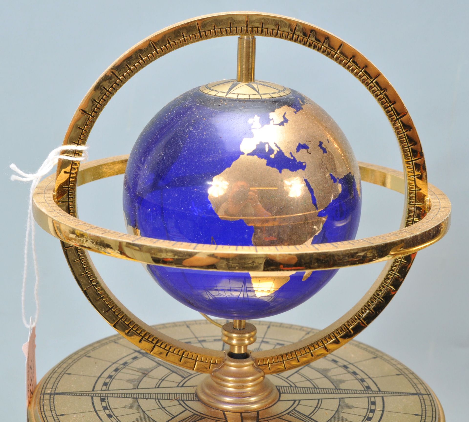 A 20th Century desk top ornamental blue terrestrial globe raised on a brass gimbal stand with - Bild 3 aus 9